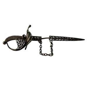 Sterling Silver Sword Filigree 925 Brooch Beret Pin "Medieval Rapier" Rare Opens